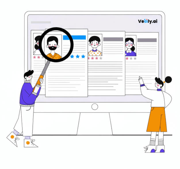 AI-Powered Hiring Illustration - Monitor showing candidate profiles with two figures interacting